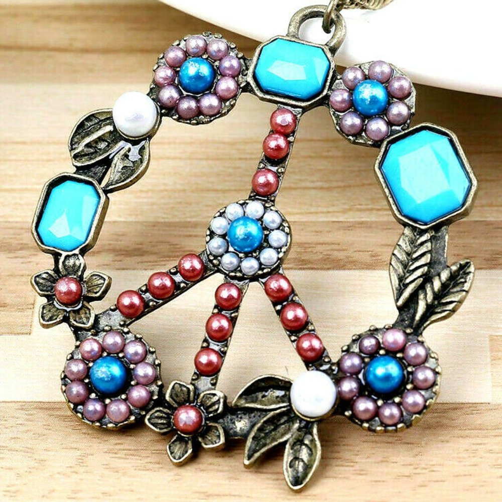 BOHO Flower Power PEACE Symbol Hippy Love Necklace